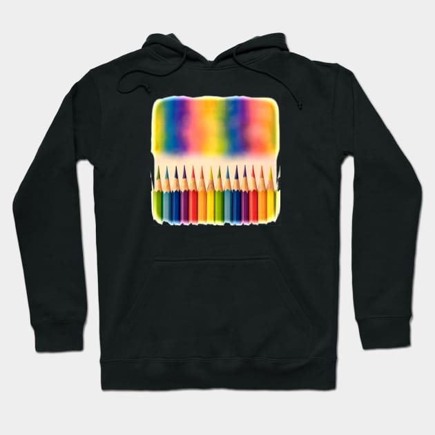 Retro style image of colorful coloring pencils with an out of focus vibrant rainbow  mural graphic above the row. Hoodie by Earthworx